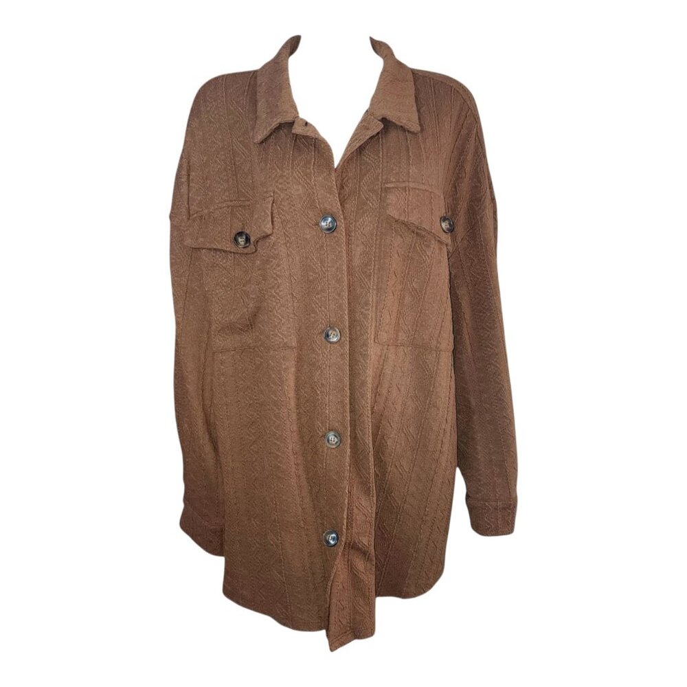 Emery Rose Top Womens Plus Size 4XL Solid Brown‎ Textured Button Front Lagenlook